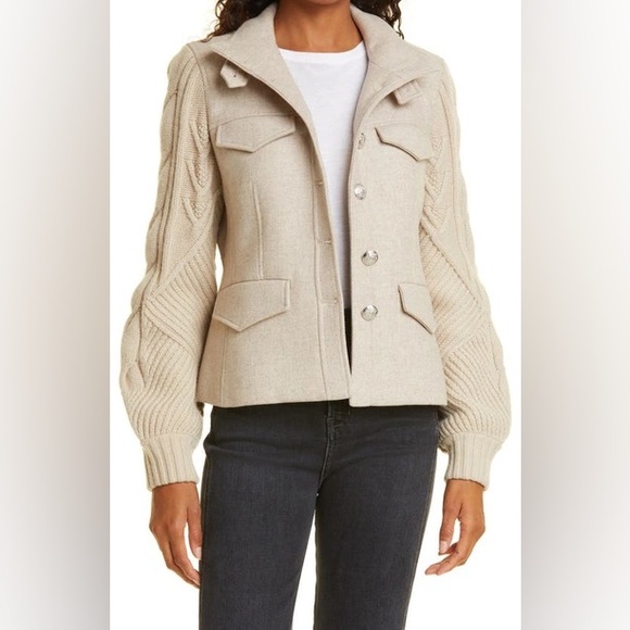 Veronica Beard Arshia Wool Blend Jacket Oatmeal Cable Knit Sleeves Size 6 - Picture 15 of 16